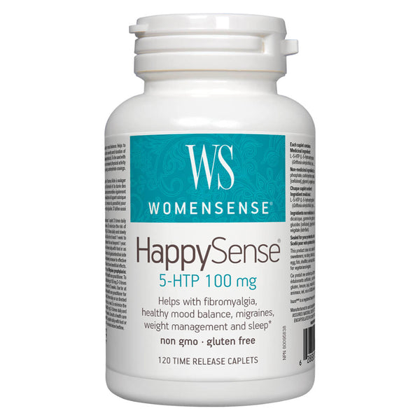 Bottle of WomenSense HappySense 5-HTP 100 mg 120 Time-Release Caplets
