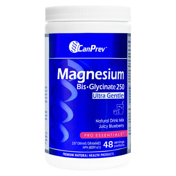 Container of CanPrev Magnesium Bis-Glycinate Natural Drink Mix Juicy Blueberry Flavour 257 Grams