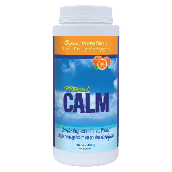 Bottle of Natural Calm Ionic Citrate Powder Organic Orange Flavour 452 Grams 16 Ounces | Optimum Health Vitamins, Canada