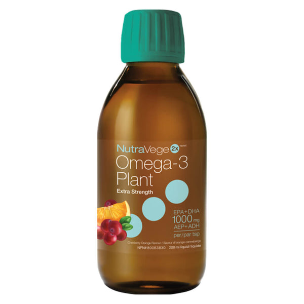 NutraVege 2x Omega-3 Plant Liquid Extra Strength Cranberry Orange 200 Milliliters