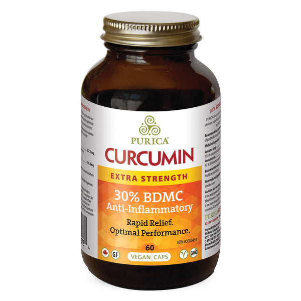 Bottle of Purica Curcumin Extra Strength - Powered by BDM30™ 60 Vegan Capsules